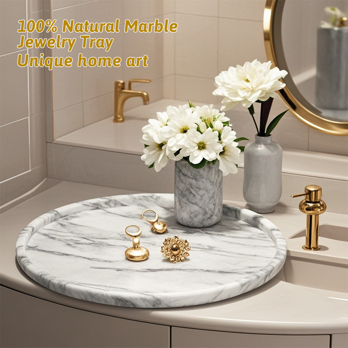 Bandeja de baño de mármol natural auténtico Marmor para perfumes, velas, joyas, tocador de piedra, organizador de encimeras de baño y cocina y decoración del hogar. Statuario Paul Grey