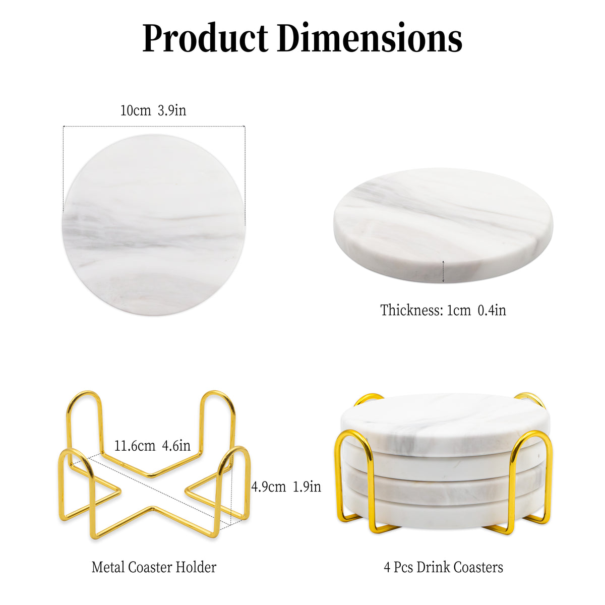 Jazz White Marble Coasters Set of 4 | Natural Stone Drink Coasters with Holder Marmor