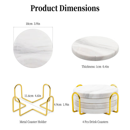 Jazz White Marble Coasters Set of 4 | Natural Stone Drink Coasters with Holder Marmor