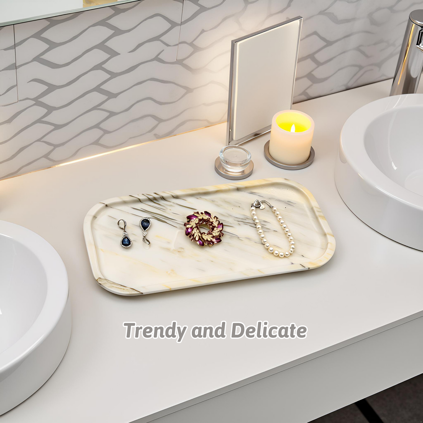 Marmor Real Natural Marble Bathroom Tray for Perfume, Candles, Jewelry Stone Vanity, Bathroom & Kitchen Counter Organizer and Home Decor