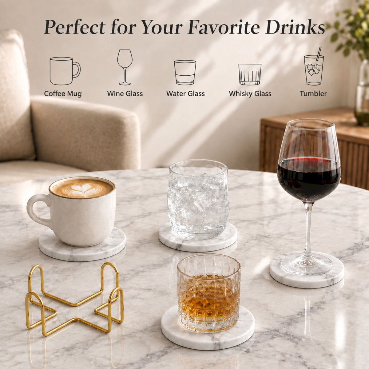 Jazz White Marble Coasters Set of 4 | Natural Stone Drink Coasters with Holder Marmor