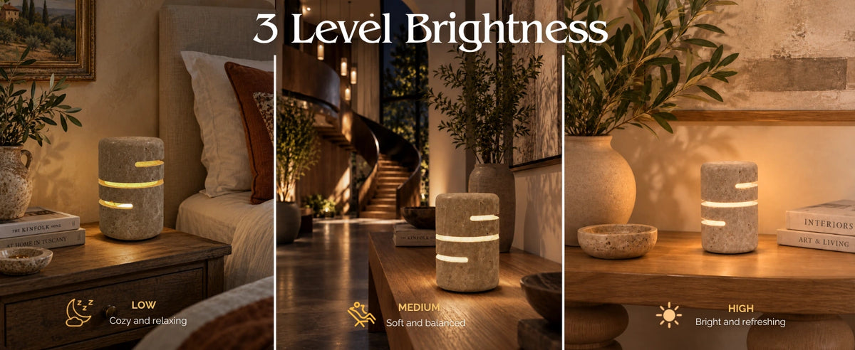 Travertine touch lamp with 3-level brightness shown in bedroom, hallway and living room scenes