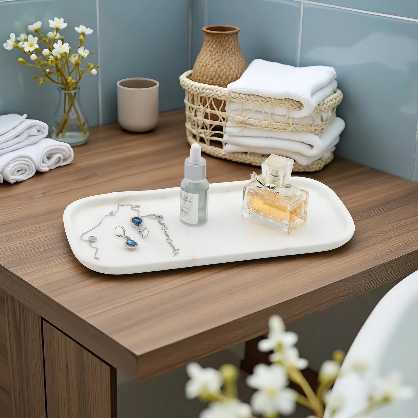 Marmor Real Natural Marble Bathroom Tray for Perfume, Candles, Jewelry Stone Vanity, Bathroom & Kitchen Counter Organizer and Home Decor