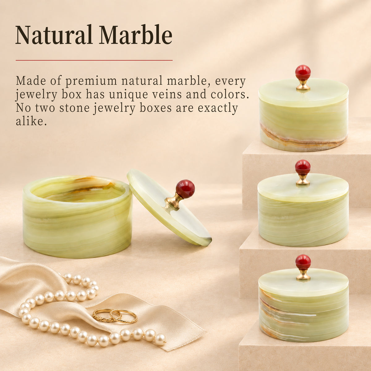 Handcrafted Golden Jade Stone Jewelry Box with Lid Marmor