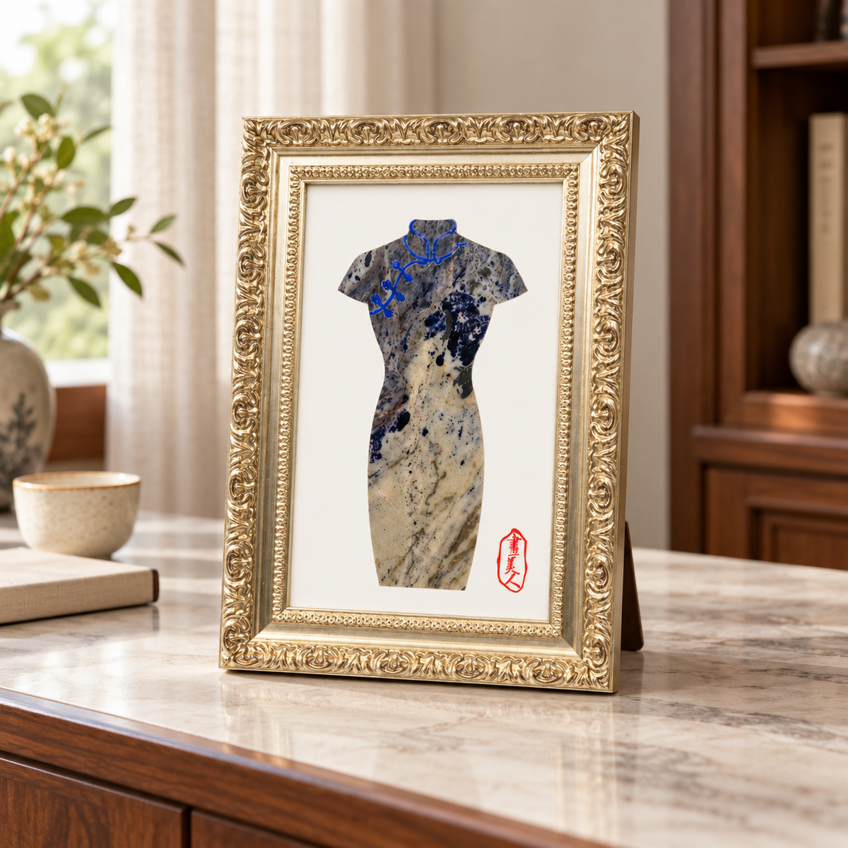 Qipao Cheongsam Natural Marble Mosaic Art Frame | Custom Stone Wall Art Marmor