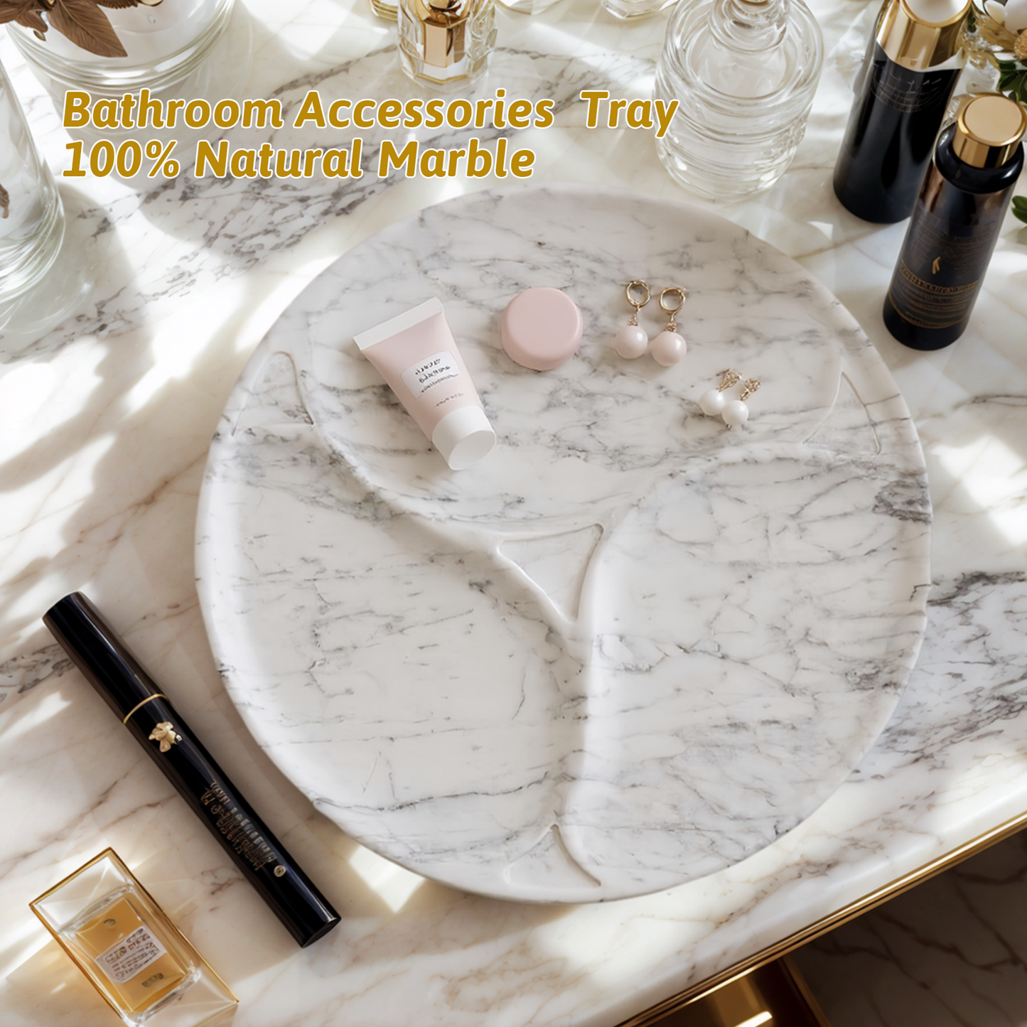 Marmor 100% Natural Marble Bathroom Tray for Perfume, Candles, Jewelry Stone Vanity, Bathroom & Kitchen Counter Organizer and Home Decor