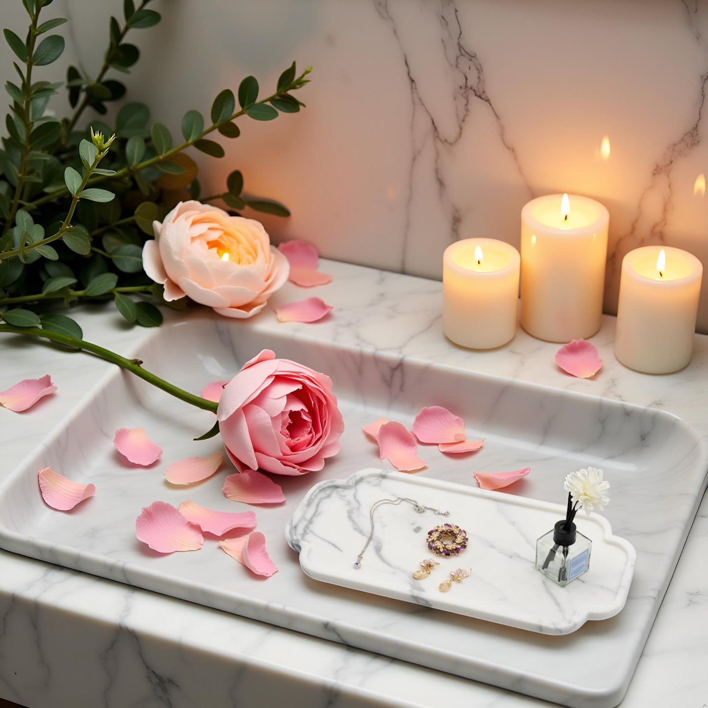 Marmor Real Natural Marble Bathroom Tray for Perfume, Candles, Jewelry Stone Vanity, Bathroom & Kitchen Counter Organizer and Home Decor