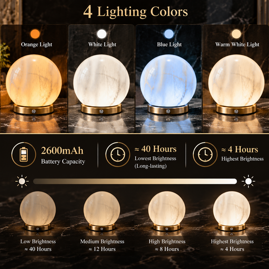Marble moon lamp shown in orange, white, blue, and warm white light, with brightness and battery runtime comparisons.