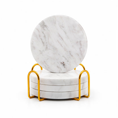 Jazz White Marble Coasters Set of 4 | Natural Stone Drink Coasters with Holder Marmor