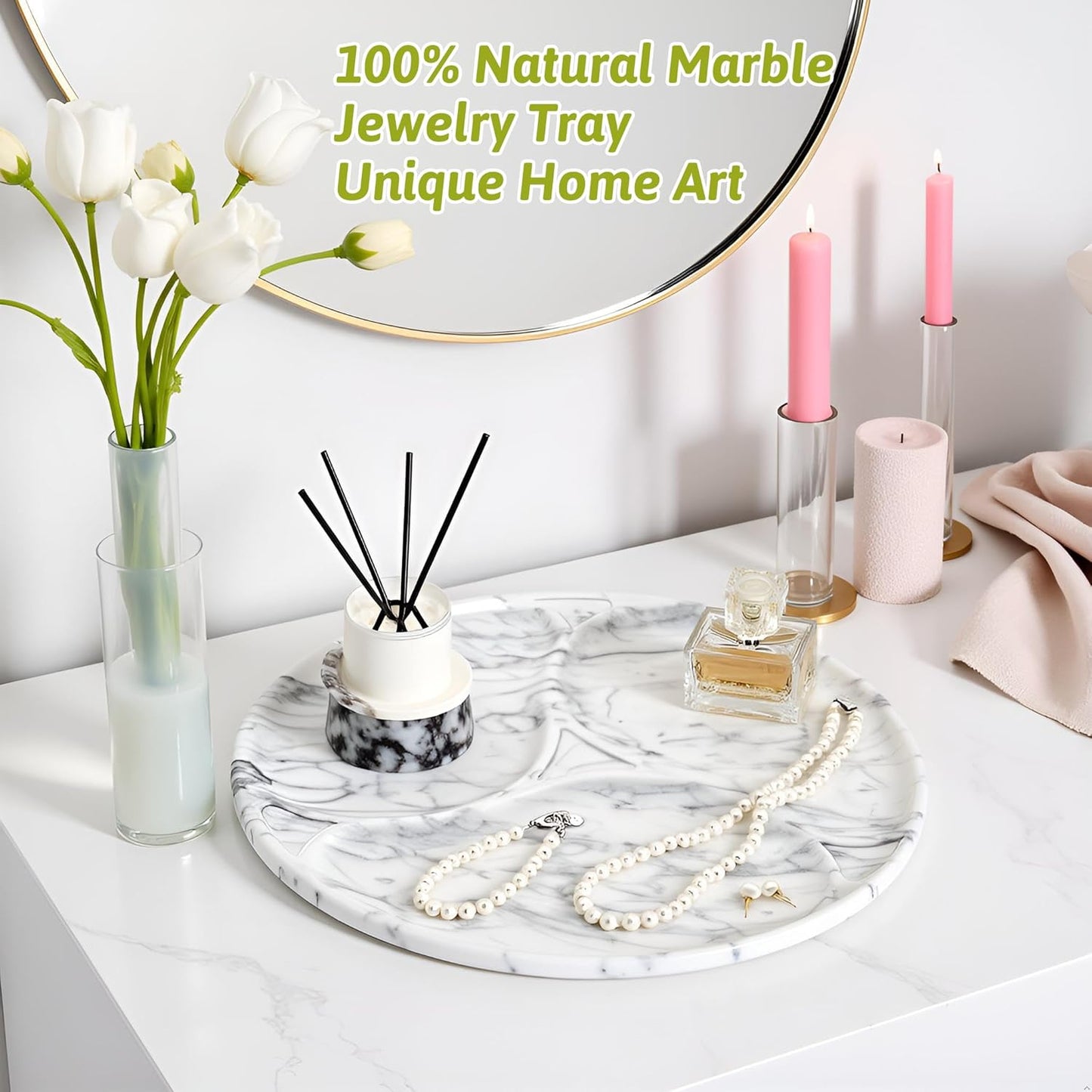 Marmor 100% Natural Marble Bathroom Tray for Perfume, Candles, Jewelry Stone Vanity, Bathroom & Kitchen Counter Organizer and Home Decor