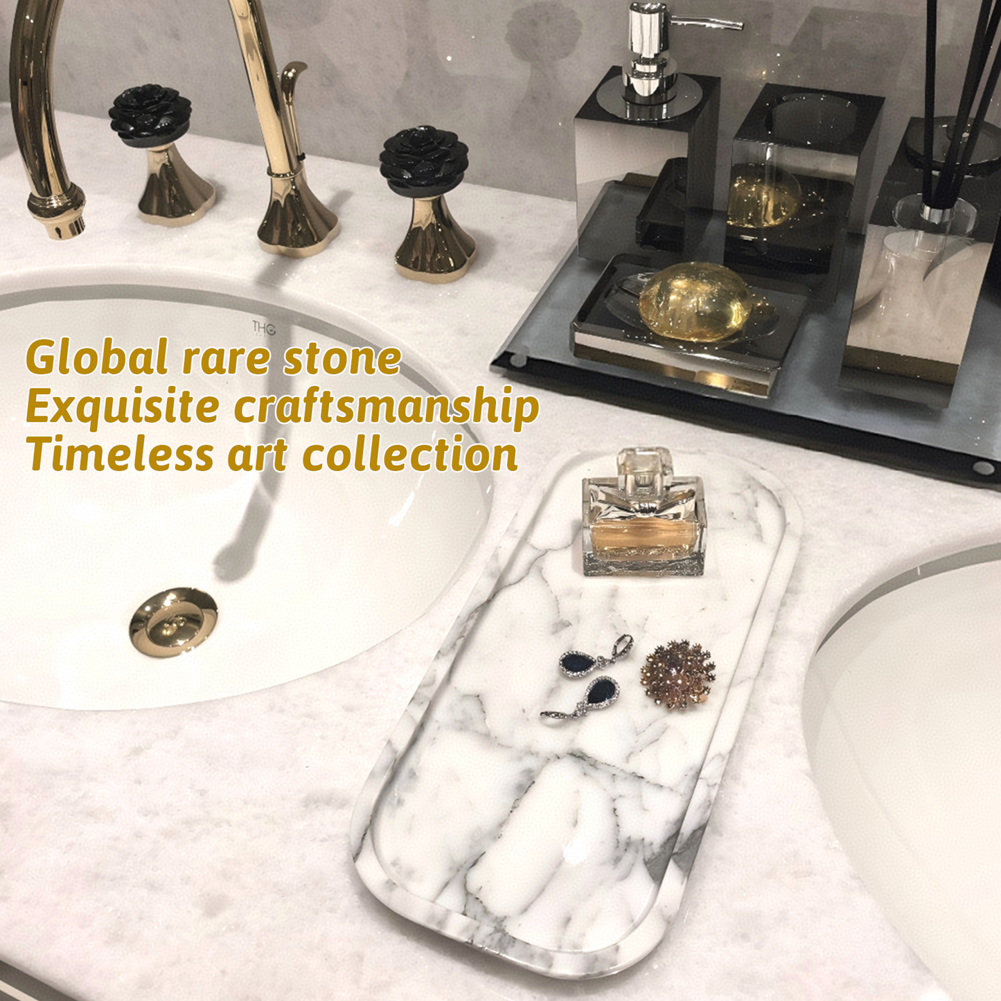 Marmor Real Natural Marble Bathroom Tray for Perfume, Candles, Jewelry Stone Vanity, Bathroom & Kitchen Counter Organizer and Home Decor Statuario White
