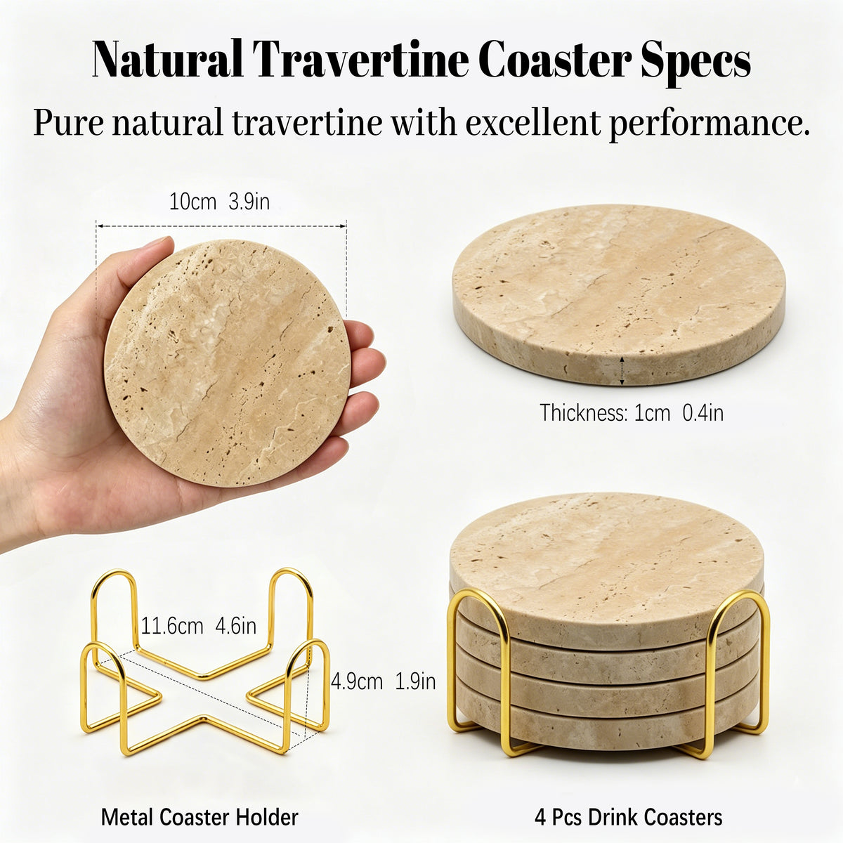 Roman Travertine Stone Coasters Set of 4 | Natural Porous Marble Drink Coasters Marmor