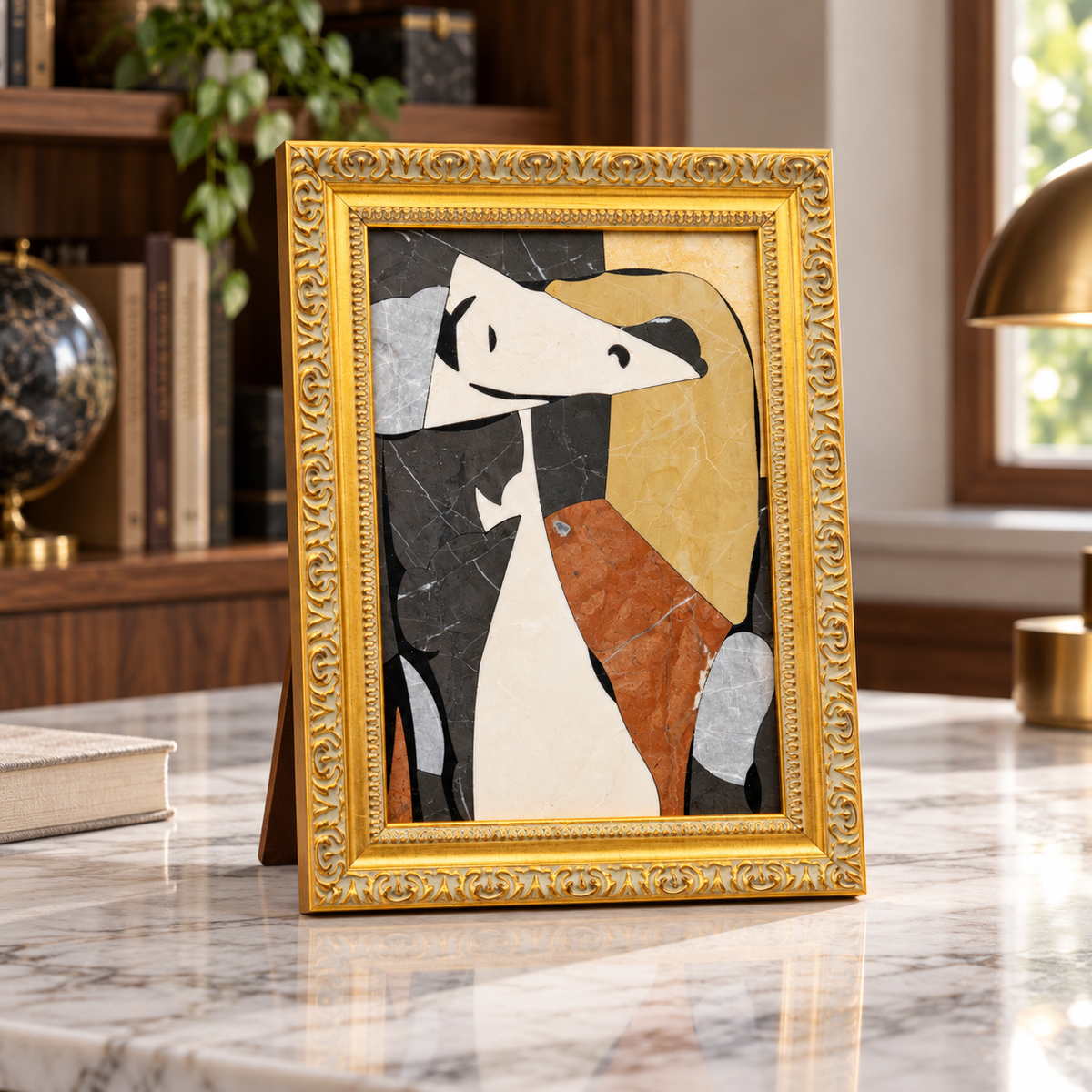 Picasso Abstract Dog Natural Marble Mosaic Art Frame | Custom Stone Wall Art Marmor