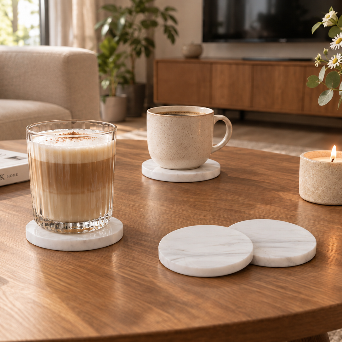 Jazz White Marble Coasters Set of 4 | Natural Stone Drink Coasters with Holder Marmor