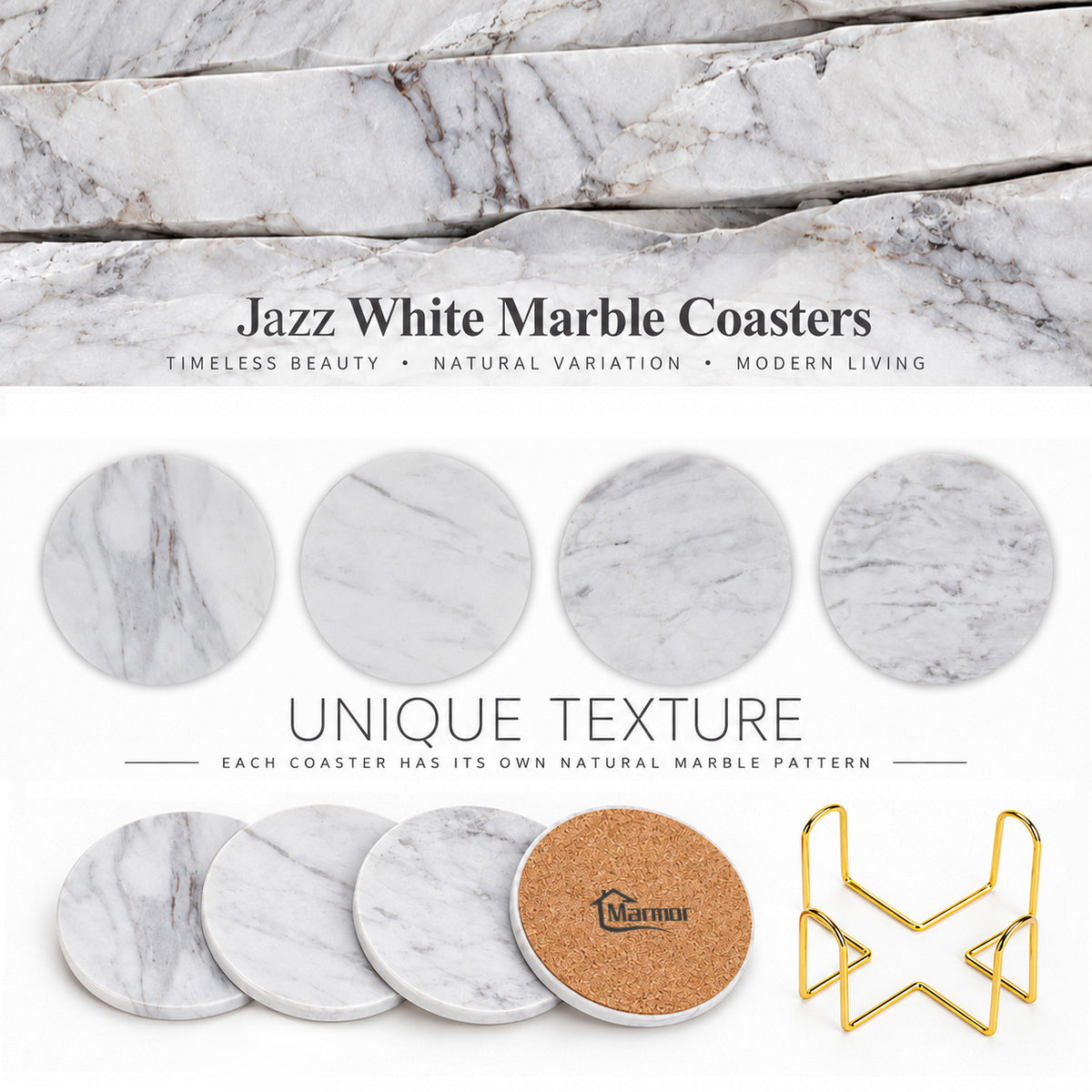 Jazz White Marble Coasters Set of 4 | Natural Stone Drink Coasters with Holder Marmor