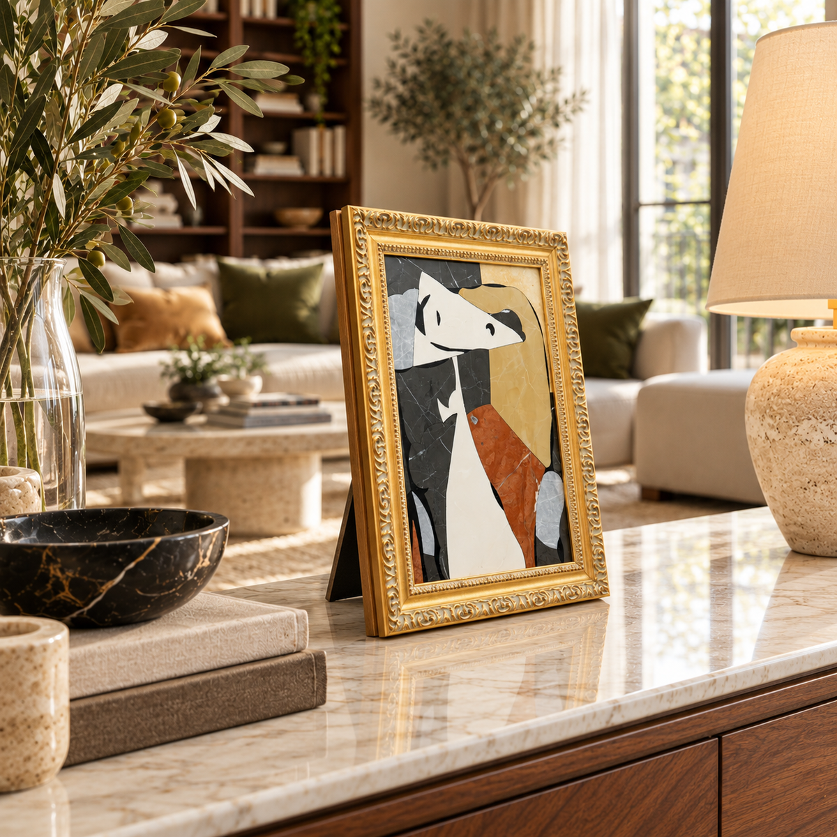 Picasso Abstract Dog Natural Marble Mosaic Art Frame | Custom Stone Wall Art Marmor