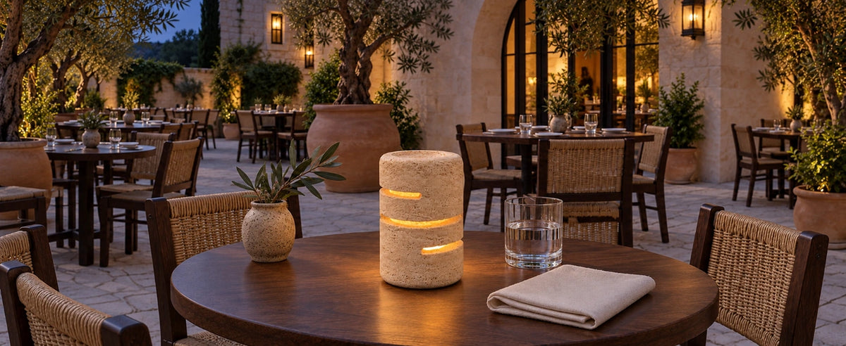 Cordless travertine lamp on a wooden table in a Mediterranean outdoor restaurant at dusk