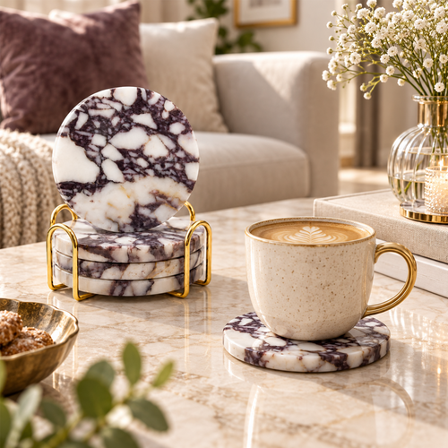 Set di 4 Sottobicchieri Bvlgari in Marmo Viola | Sottobicchieri in Pietra Naturale
