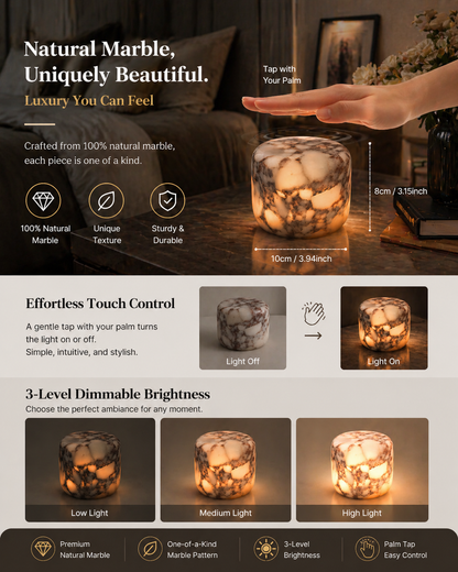 Natural Carrara marble touch lamp with purple stone texture