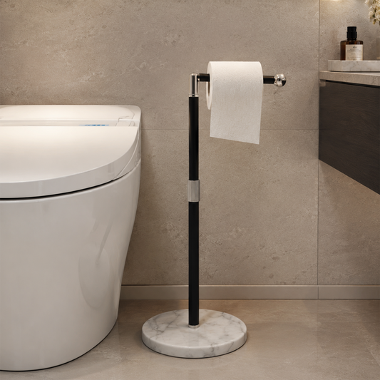 Natural Marble Freestanding Paper Towel Holder White Base with Black Pole Marmor