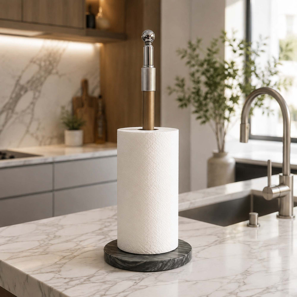 Natural Marble Freestanding Paper Towel Holder Green Base with Gold Pole Marmor