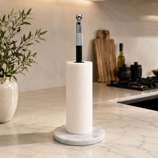 Natural Marble Freestanding Paper Towel Holder White Base with Black Pole Marmor