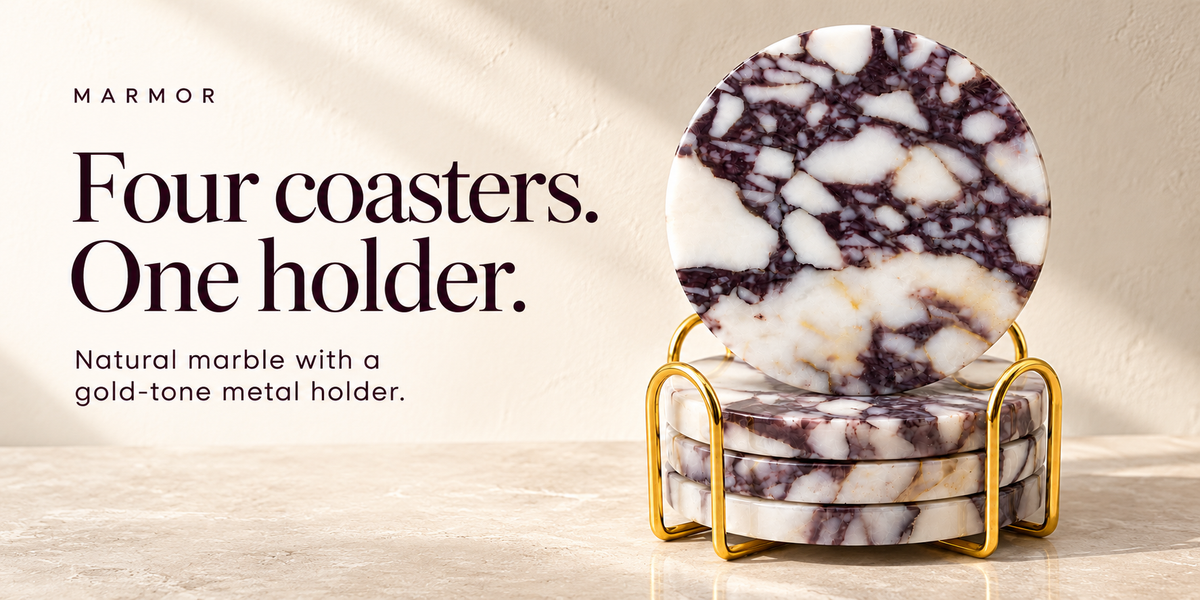 Four purple and white natural marble coasters displayed with a gold-tone metal holder.