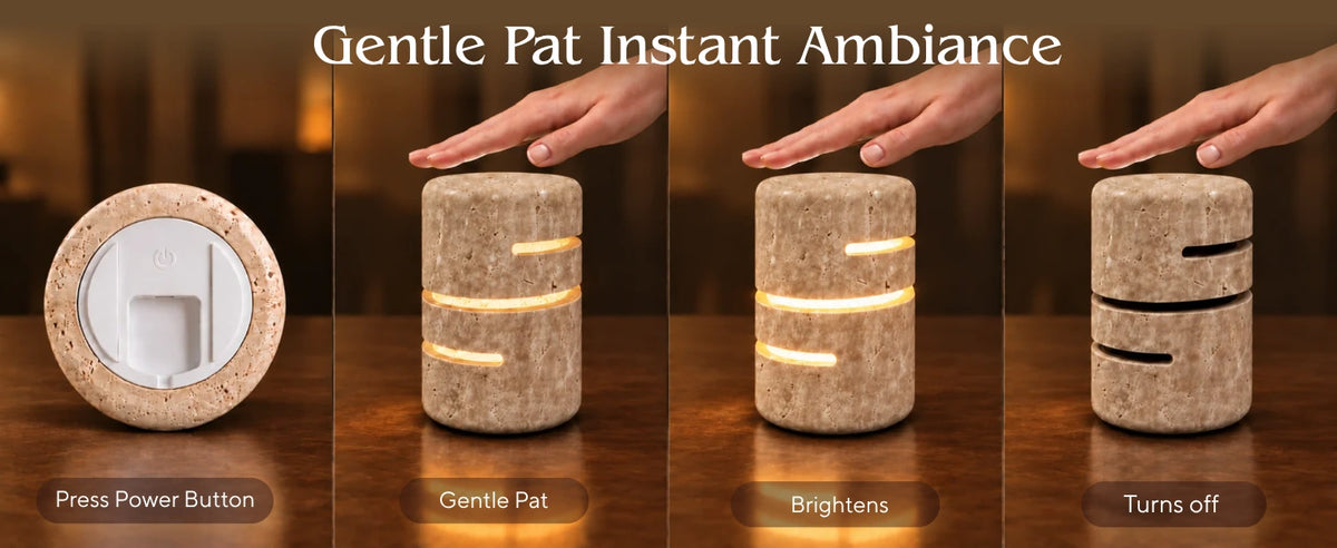 How to use the travertine touch lamp: press power, gentle pat to brighten, pat again to turn off