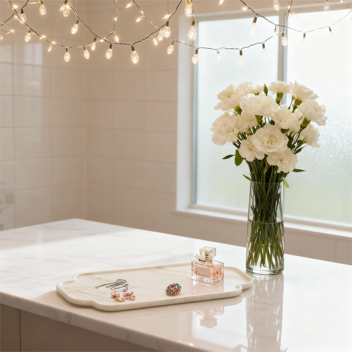 Close-up of white gold marble vanity tray texture