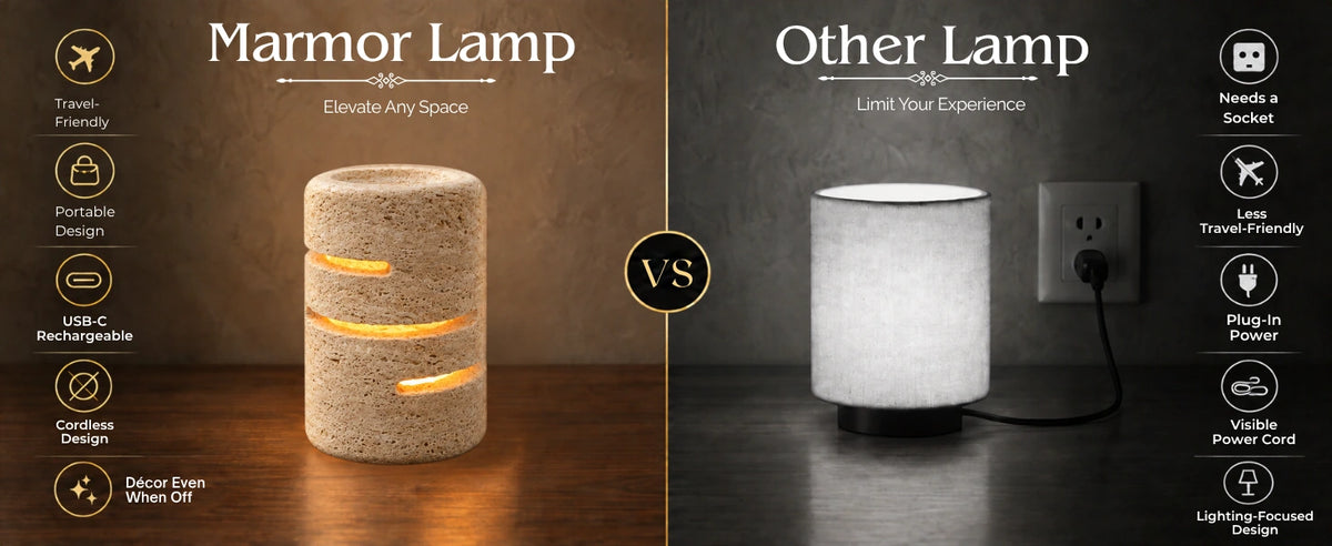 Cordless rechargeable travertine lamp compared with a plug-in table lamp with visible power cord