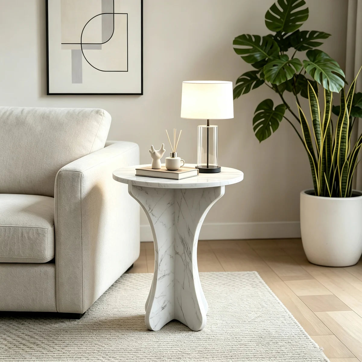 Carrara White Marble Round End Table | All-Marble Mortise-and-Tenon Side Table Marmor