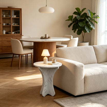 Carrara White Marble Round End Table | All-Marble Mortise-and-Tenon Side Table Marmor