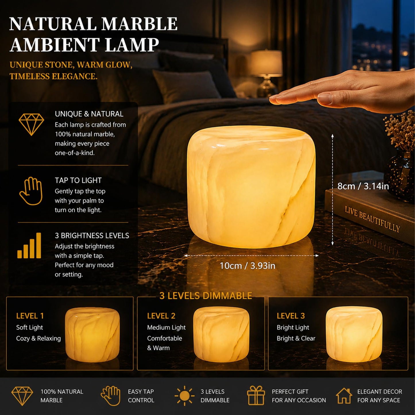 Marble Table Lamp USB-C Bedside Lamp Ambient Lighting for Bedroom Night Light LED Ambient Portable and Rechargeable (Eastern Jade Glow)