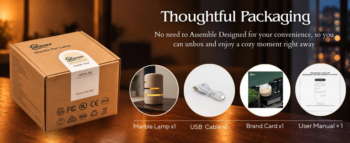 Unboxing the travertine touch lamp with USB cable, brand card and user manual, no assembly needed