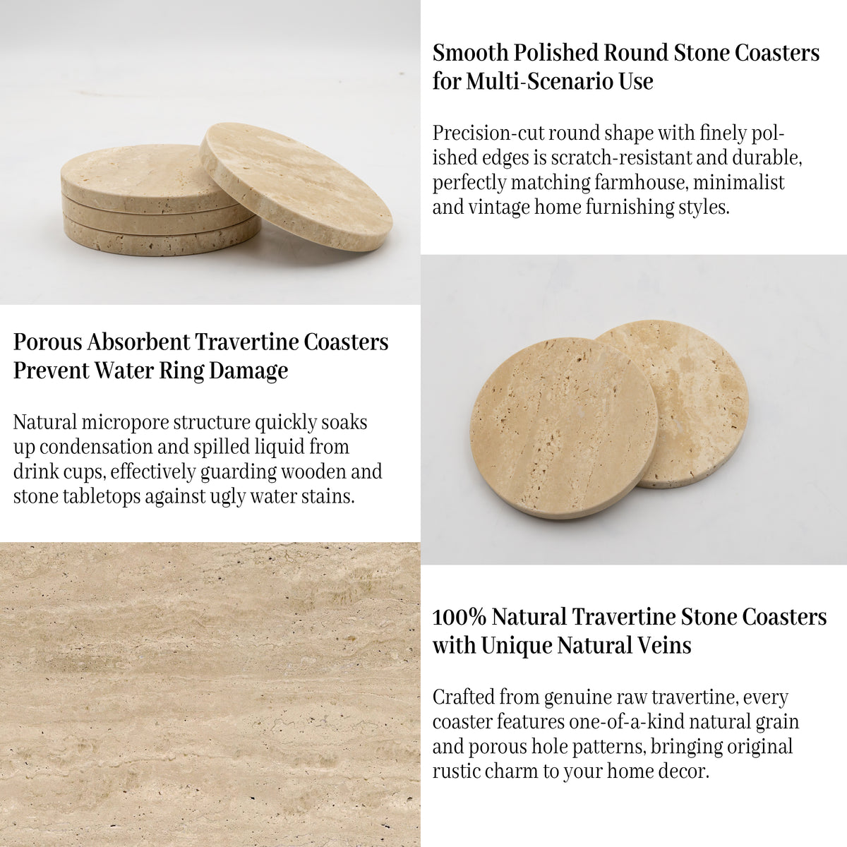 Roman Travertine Stone Coasters Set of 4 | Natural Porous Marble Drink Coasters Marmor