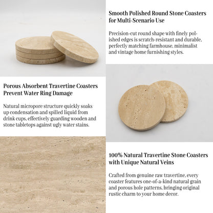Roman Travertine Stone Coasters Set of 4 | Natural Porous Marble Drink Coasters Marmor