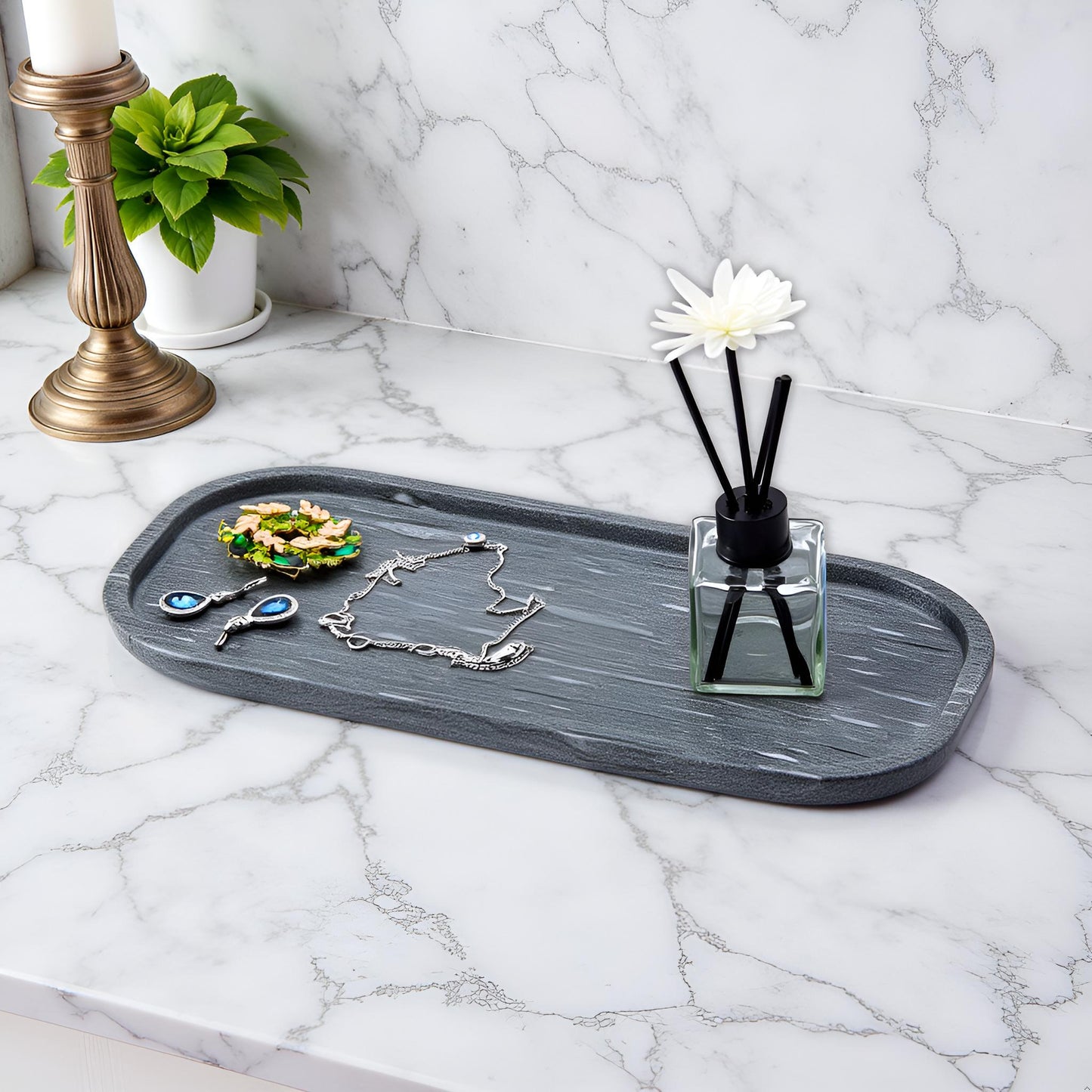 Marmor Real Natural Marble Bathroom Tray for Perfume, Candles, Jewelry Stone Vanity, Bathroom & Kitchen Counter Organizer and Home Decor