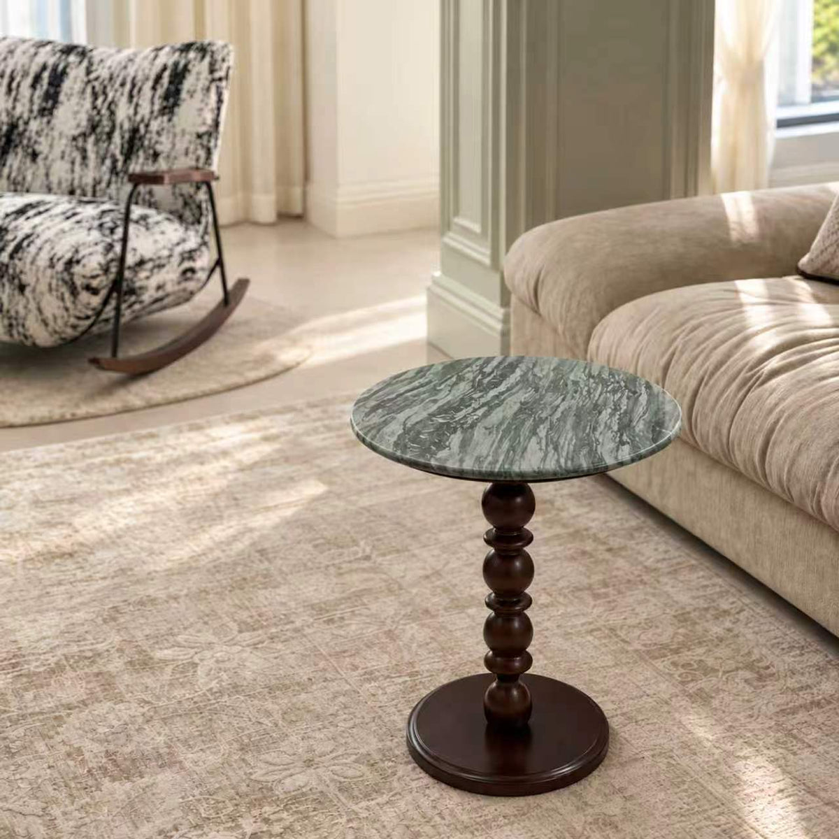 Green Natural Marble & Solid Oak Round Side Table Marmor