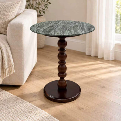 Green Natural Marble & Solid Oak Round Side Table Marmor