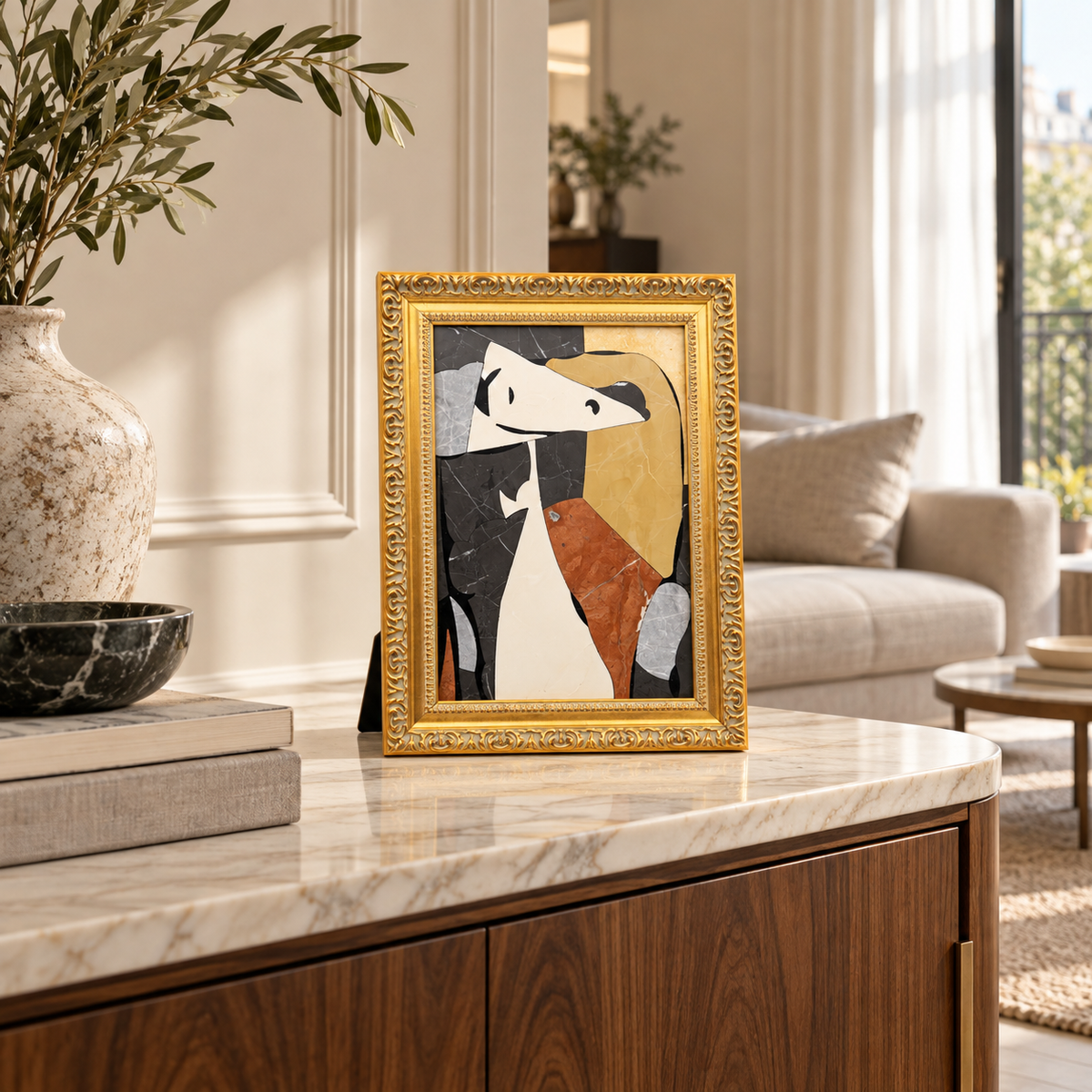 Picasso Abstract Dog Natural Marble Mosaic Art Frame | Custom Stone Wall Art Marmor