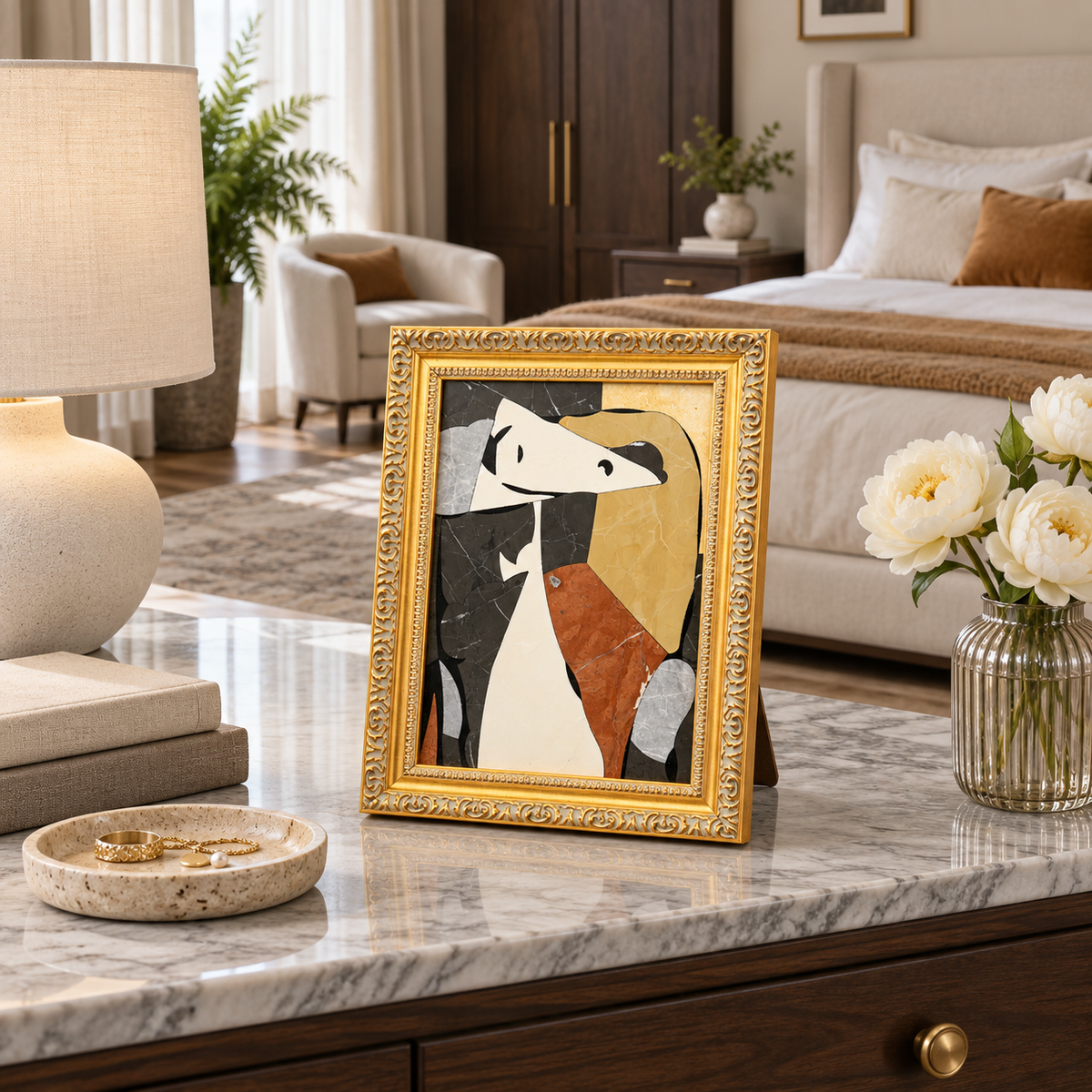 Picasso Abstract Dog Natural Marble Mosaic Art Frame | Custom Stone Wall Art Marmor