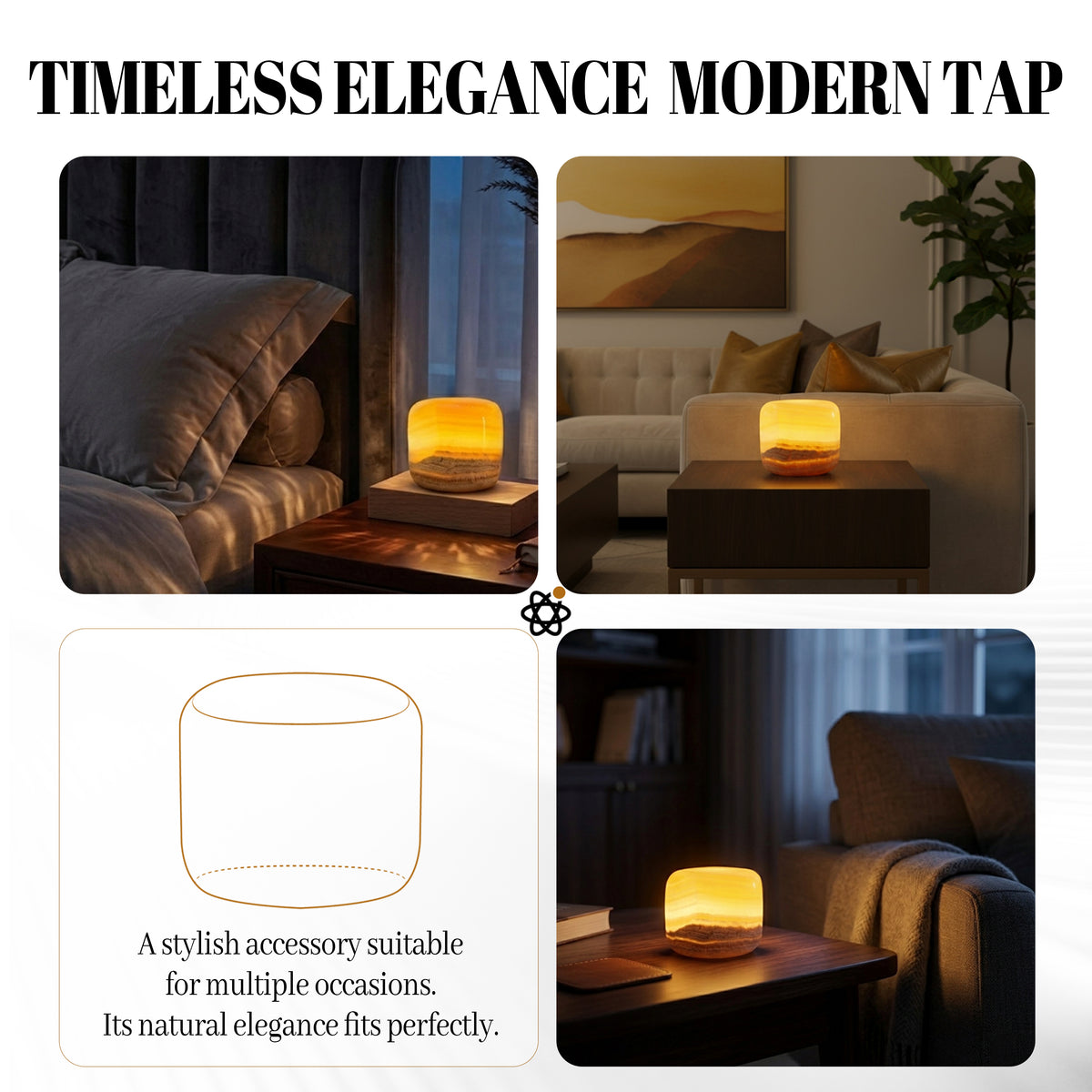 Amber jade marble lamp glowing on a bedside table