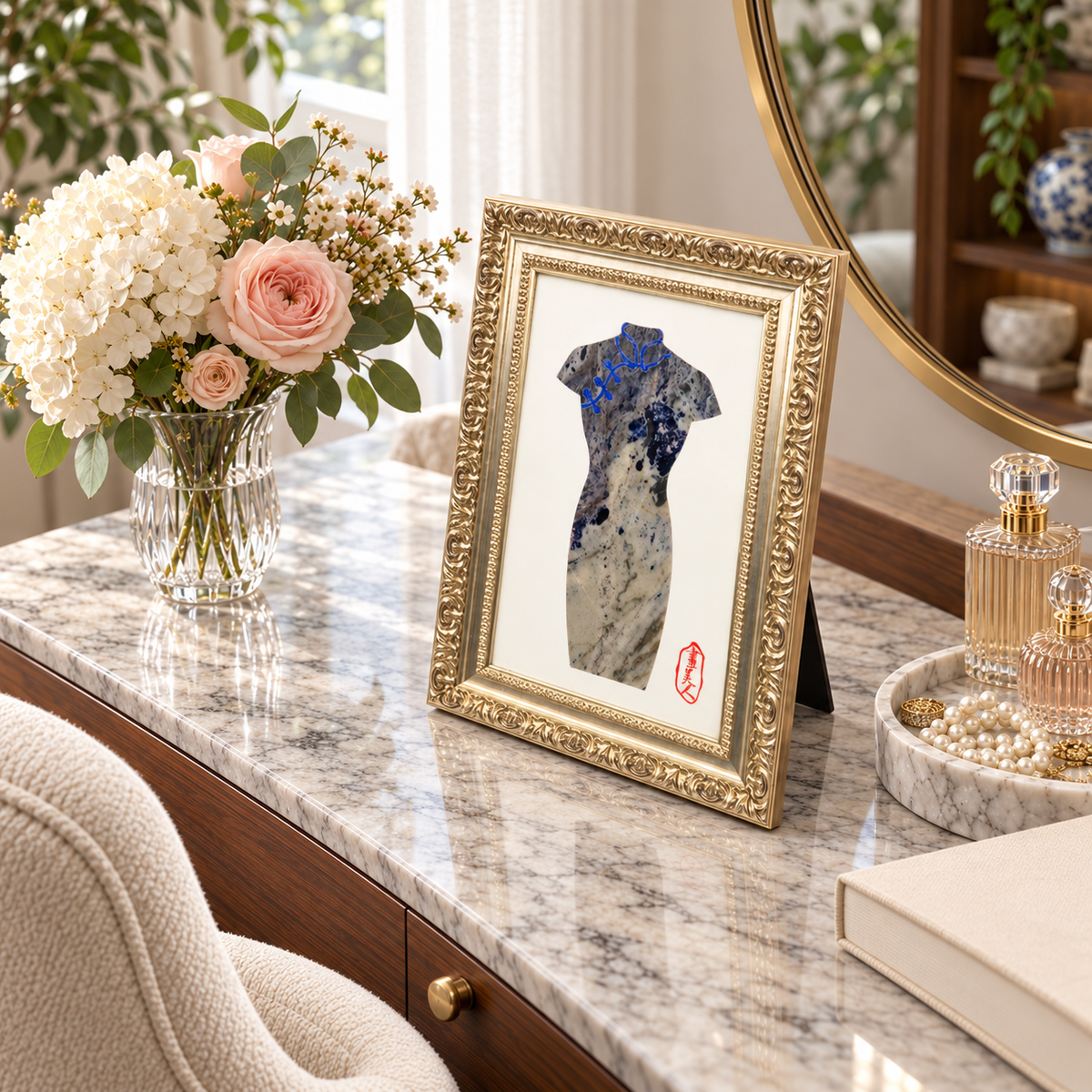 Qipao Cheongsam Natural Marble Mosaic Art Frame | Custom Stone Wall Art Marmor