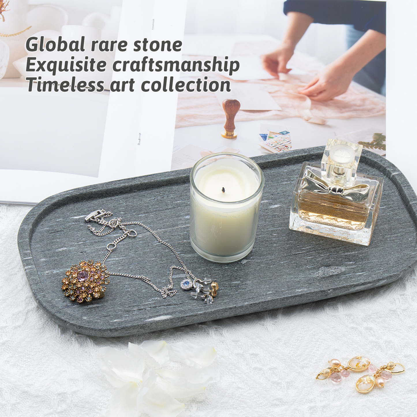 Marmor Real Natural Marble Bathroom Tray for Perfume, Candles, Jewelry Stone Vanity, Bathroom & Kitchen Counter Organizer and Home Decor
