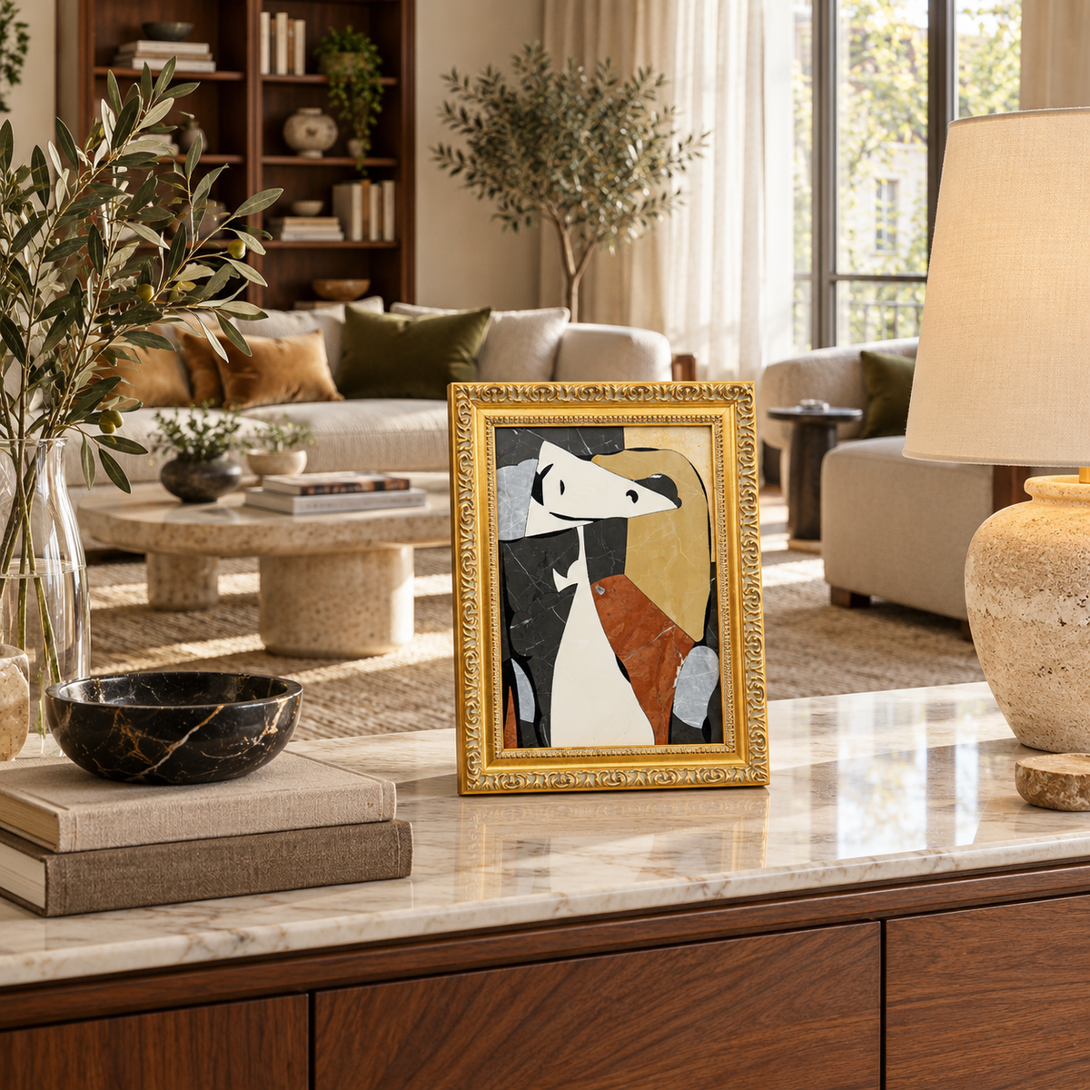 Picasso Abstract Dog Natural Marble Mosaic Art Frame | Custom Stone Wall Art Marmor