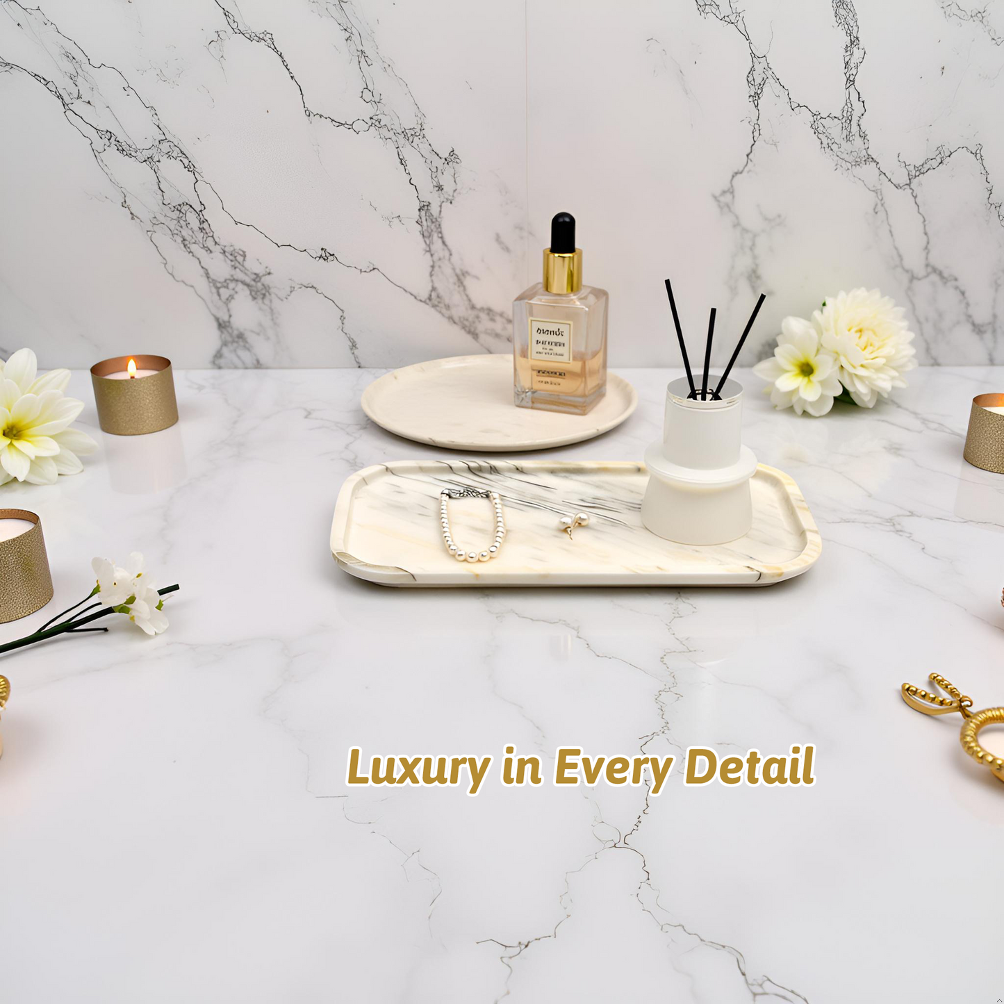Marmor Real Natural Marble Bathroom Tray for Perfume, Candles, Jewelry Stone Vanity, Bathroom & Kitchen Counter Organizer and Home Decor