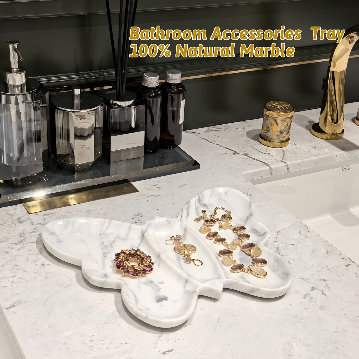 Marmor Real Natural Marble Bathroom Tray for Perfume, Candles, Jewelry Stone Vanity, Bathroom & Kitchen Counter Organizer and Home Decor Statuario White