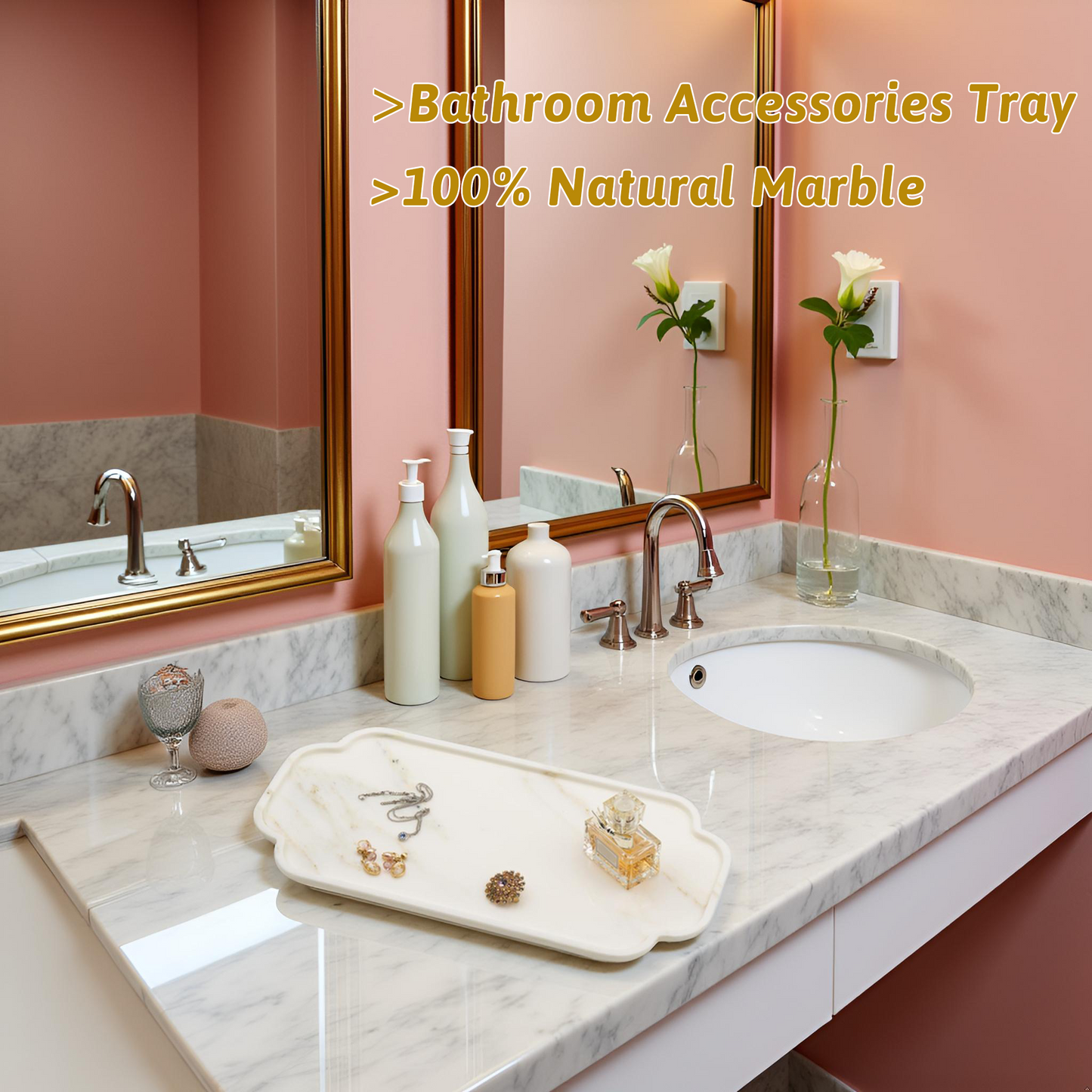 MarmorReal Natural Marble Bathroom Tray for Perfume, Candles, Jewelry Stone Vanity, Bathroom & Kitchen Counter Organizer and Home Decor