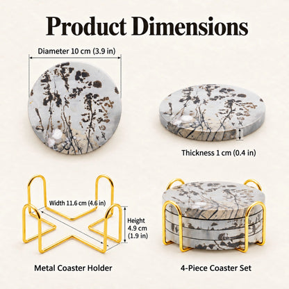 Guohua stone coasters measuring 10 cm across and 1 cm thick, with a holder measuring 11.6 cm wide and 4.9 cm high.