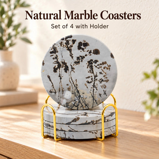 Four Guohua stone coasters with dark branching patterns displayed in a gold-tone metal holder.
